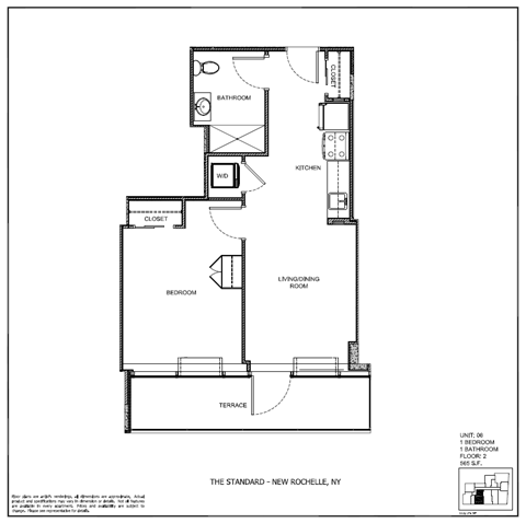 Floor plan for 1 bed, 1 bath, 565 sqft